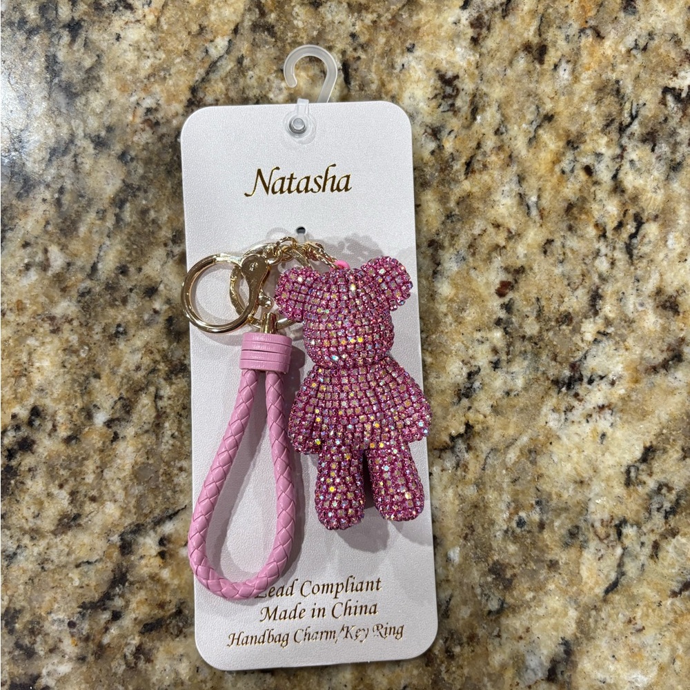 Natasha Couture Glittery Pink Teddy Bear Handbag Charm and Keyring